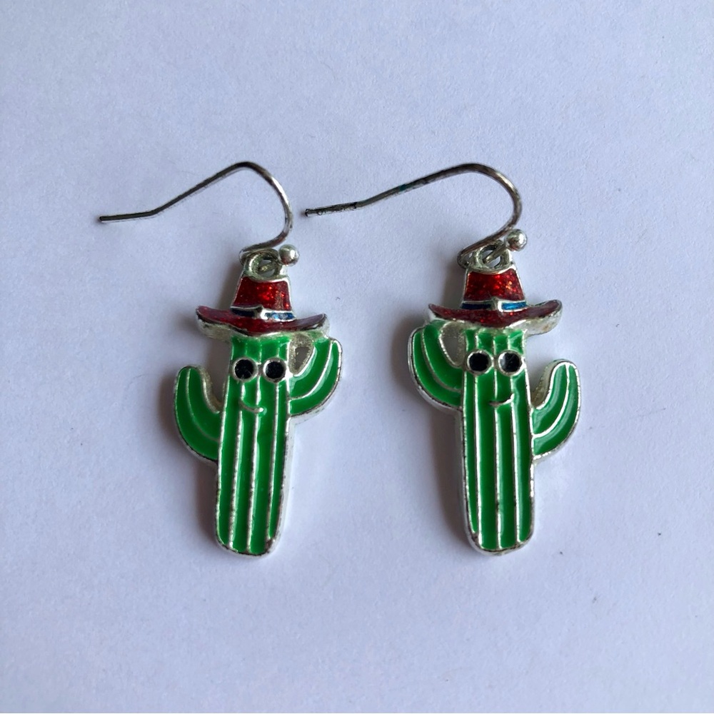 Enamel Cactus earrings red Cowboy hat with black round sunglasses - Picture 4 of 4
